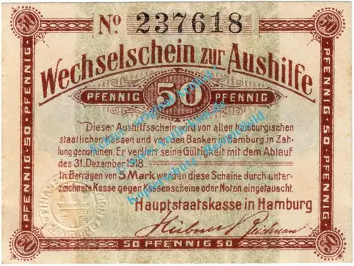 Hamburg , Notgeld 50 Pfennig -No- in kfr. Tieste 2765.175.01 , Hamburg 1917 Verkehrsausgabe