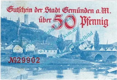 Gemünden , Notgeld 50 Pfennig Schein in kfr. Tieste 2170.05.30 , Bayern o.D. Verkehrsausgabe