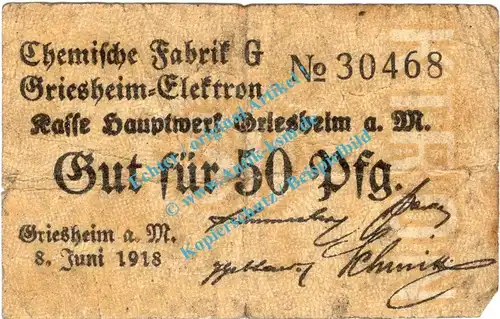 Griesheim , Notgeld 50 Pfennig Schein in gbr. Tieste 2460.05.16 , Hessen 1918 Verkehrsausgabe