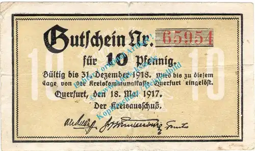 Querfurt , Notgeld 10 Pfennig Schein in gbr. Tieste 5840.10.01 , Sachsen Anhalt 1917 Verkehrsausgabe