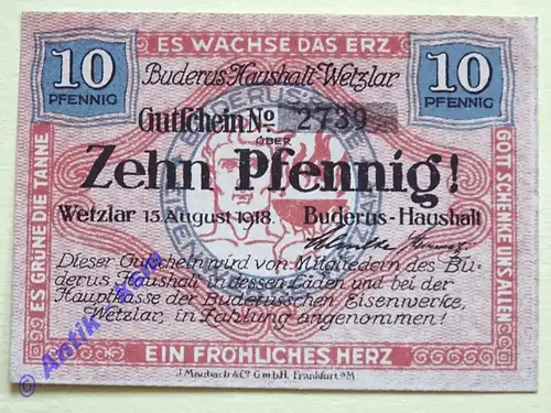 Notgeld Wetzlar , Rheinland , Einzelschein über 10 Pfennig , Tieste 7875.02 , von 1918 , Verkehrsausgabe