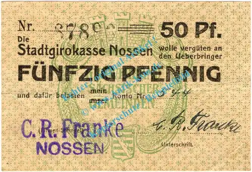 Nossen , Notgeld 50 Pfennig Schein in gbr. Tieste 5185.030.15 , Sachsen o.D. Verkehrsausgabe