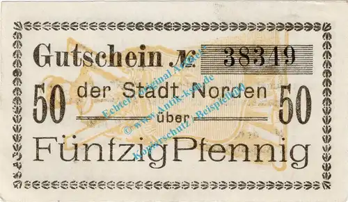 Norden , Notgeld 50 Pfennig Schein in kfr. Tieste 5150.05.25 , Niedersachsen 1918 Verkehrsausgabe