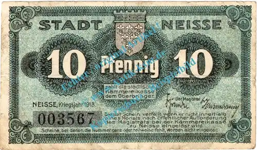 Neisse , Notgeld 10 Pfennig Schein in gbr. Tieste 4795.05.15 , Schlesien 1918 Verkehrsausgabe