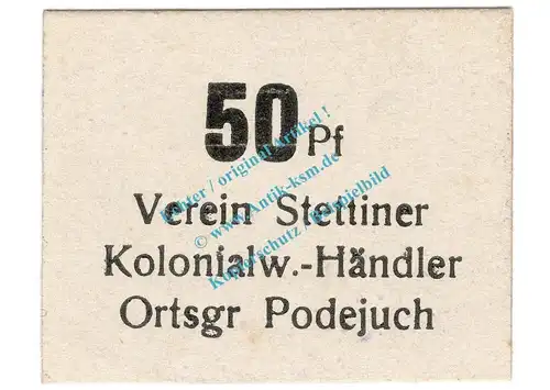 Podejuch , Notgeld 50 Pfennig -Struck- in kfr. Tieste 5690.55.04 , Pommern o.D. Verkehrsausgabe
