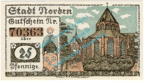 Norden , Notgeld 25 Pfennig Schein in kfr. Tieste 5150.05.80 , Niedersachsen 1920 Verkehrsausgabe