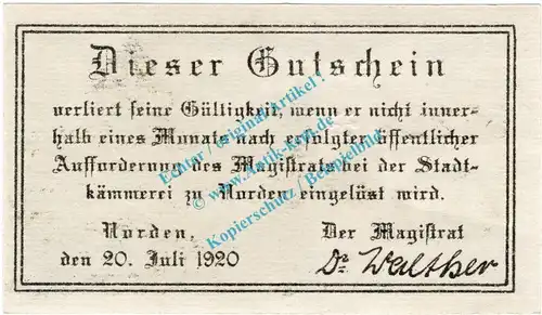 Norden , Notgeld 25 Pfennig Schein in kfr. Tieste 5150.05.80 , Niedersachsen 1920 Verkehrsausgabe