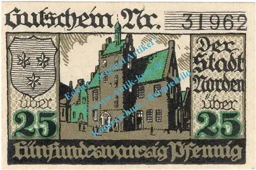 Norden , Notgeld 25 Pfennig Schein in kfr. Tieste 5150.05.65 , Niedersachsen 1919 Verkehrsausgabe