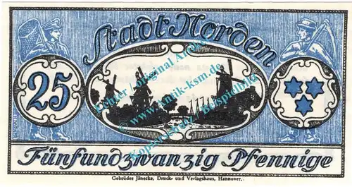 Norden , Notgeld 25 Pfennig Schein in kfr. Tieste 5150.05.85 , Niedersachsen 1921 Verkehrsausgabe