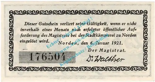 Norden , Notgeld 25 Pfennig Schein in kfr. Tieste 5150.05.85 , Niedersachsen 1921 Verkehrsausgabe
