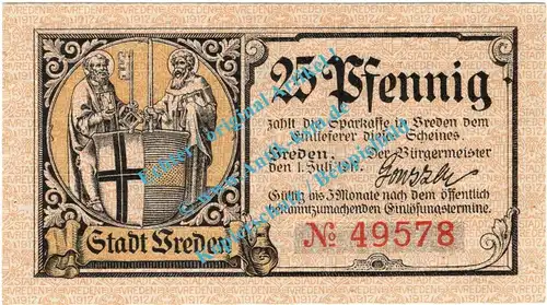 Vreden , Notgeld 25 Pfennig Schein in kfr. Tieste 7635.05.01 , Westfalen 1917 Verkehrsausgabe