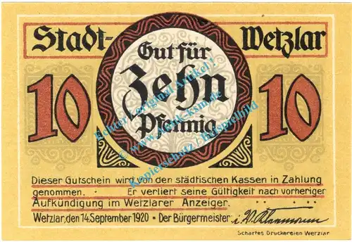 Wetzlar , Notgeld 10 Pfennig Schein -B- in kfr. Tieste 7875.10.35 , Rheinland 1920 Verkehrsausgabe