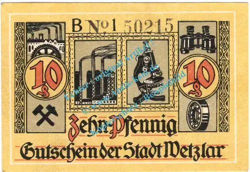 Wetzlar , Notgeld 10 Pfennig Schein -B- in L-gbr. Tieste 7875.10.35 , Rheinland 1920 Verkehrsausgabe