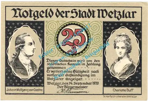 Wetzlar , Notgeld 25 Pfennig Schein -B- in kfr. Tieste 7875.10.36 , Rheinland 1920 Verkehrsausgabe