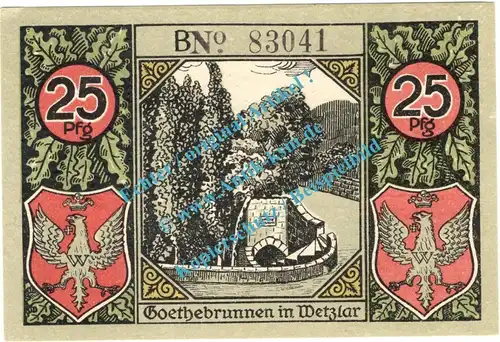 Wetzlar , Notgeld 25 Pfennig Schein -B- in kfr. Tieste 7875.10.36 , Rheinland 1920 Verkehrsausgabe