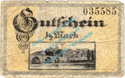 Wetzlar , Notgeld 1 halbe Mark Schein in gbr. Tieste 7875.10.01 , Rheinland 1918 Verkehrsausgabe