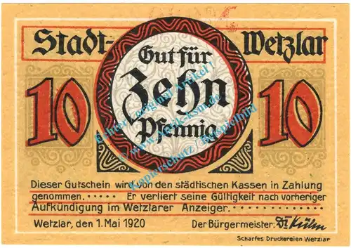 Wetzlar , Notgeld 10 Pfennig -Mai- in kfr. Tieste 7875.10.25 , Rheinland 1920 Verkehrsausgabe
