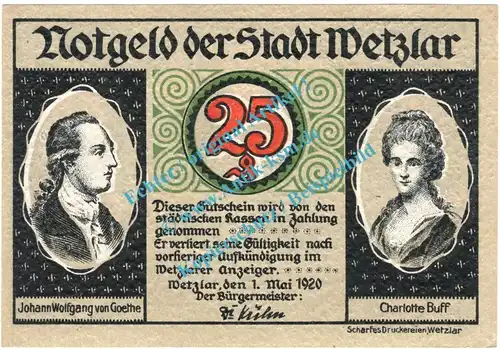 Wetzlar , Notgeld 25 Pfennig -Mai- in kfr. Tieste 7875.10.26 , Rheinland 1920 Verkehrsausgabe
