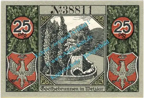 Wetzlar , Notgeld 25 Pfennig Schein in kfr. Tieste 7875.10.31 , Rheinland 1920 Verkehrsausgabe