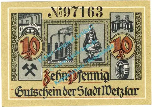 Wetzlar , Notgeld 10 Pfennig Schein in kfr. Tieste 7875.10.30 , Rheinland 1920 Verkehrsausgabe