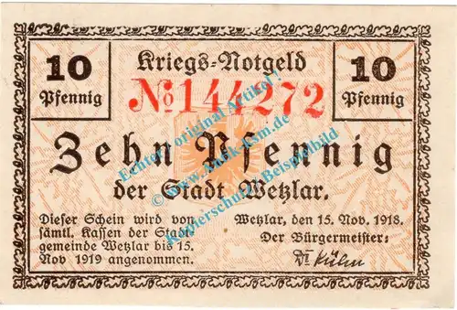 Wetzlar , Notgeld 10 Pfennig Schein in kfr. Tieste 7875.10.20 , Rheinland 1918 Verkehrsausgabe