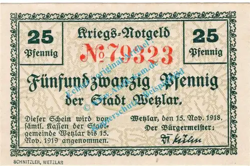 Wetzlar , Notgeld 25 Pfennig Schein in kfr. Tieste 7875.10.16 , Rheinland 1918 Verkehrsausgabe