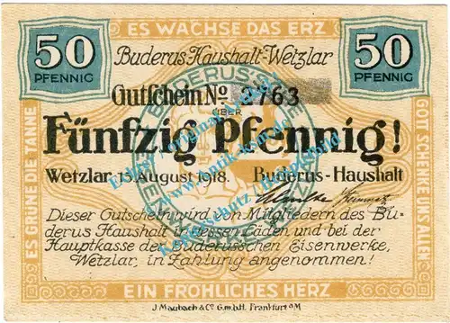 Wetzlar , Notgeld 50 Pfennig Schein in kfr. Tieste 7875.05.03 , Rheinland 1918 Verkehrsausgabe