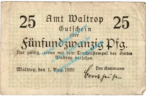 Waltrop , Notgeld 25 Pfennig Schein in gbr. Tieste 7690.05.01 , Westfalen 1920 Verkehrsausgabe