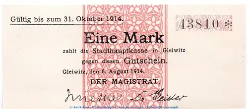 Notgeld Magistrat Gleiwitz , 1 Mark Schein in kfr. , Dießner 122. von 1914 , Oberschlesien Notgeld 1914-15