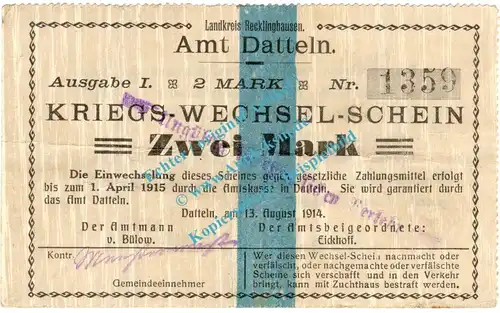 Amt Datteln , Notgeld 2 Mark Schein in gbr. Diessner 74.3.b , Westfalen 1914 Notgeld 1914-15
