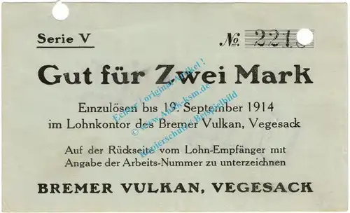 Vegesack , Notgeld 2 Mark Schein in L-gbr.E , Diessner 412.10 , Bremen o.D. Notgeld 1914-15