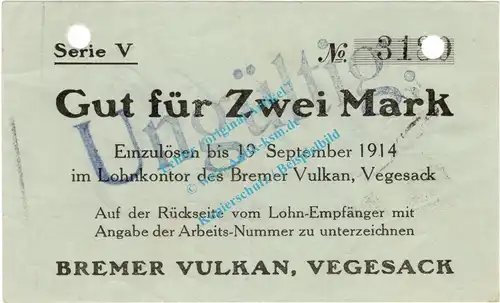 Vegesack , Notgeld 2 Mark Schein in L-gbr.E , Diessner 412.10 , Bremen o.D. Notgeld 1914-15