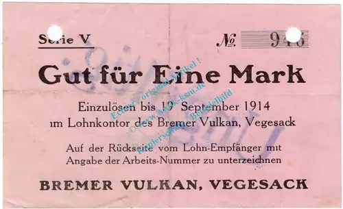 Vegesack , Notgeld 1 Mark Schein in gbr.E Diessner 412.9 , Bremen o.D. Notgeld 1914-15