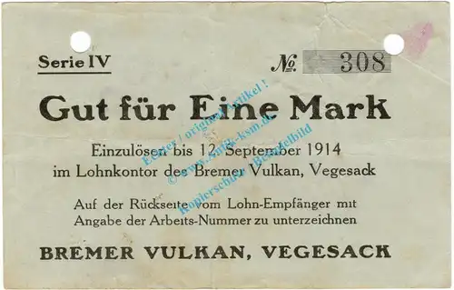 Vegesack , Notgeld 1 Mark Schein in gbr.E Diessner 412.7 , Bremen o.D. Notgeld 1914-15