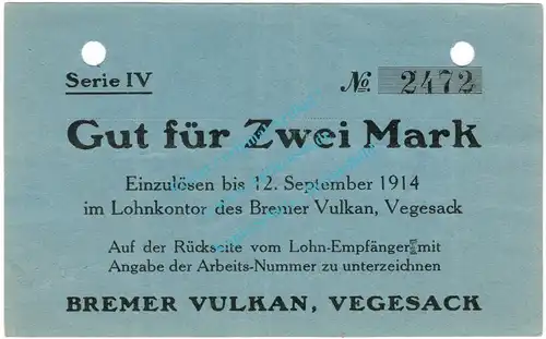 Vegesack , Notgeld 2 Mark Schein in gbr.E Diessner 412.8 , Bremen o.D. Notgeld 1914-15