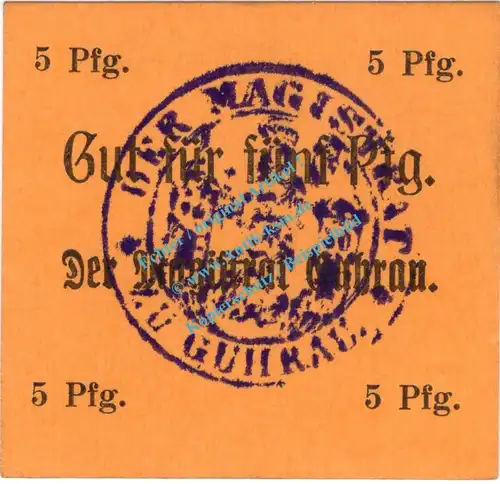 Guhrau , Notgeld 5 Pfennig Schein in kfr. Diessner 137.2.a , Niederschlesien o.D. Notgeld 1914-15