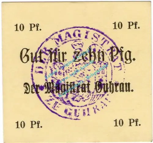 Guhrau , Notgeld 10 Pfennig Schein in kfr. Diessner 137.2.b , Niederschlesien o.D. Notgeld 1914-15