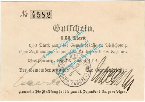 Bielschowitz , Notgeld 50 Pfennig -Druckfehler- in kfr. Diessner 25.8.a , Oberschlesien 1914 Notgeld 1914-15