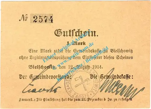 Bielschowitz , Notgeld 1 Mark -Druckfehler- in kfr. Diessner 25.8.b , Oberschlesien 1914 Notgeld 1914-15