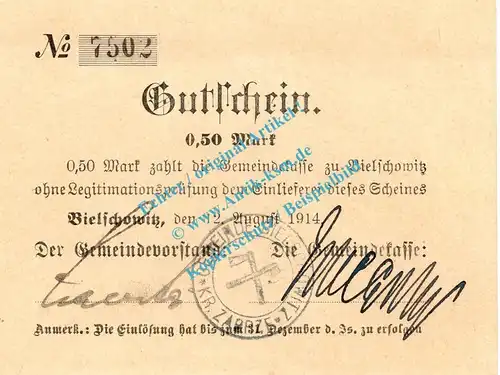 Bielschowitz , Notgeld 50 Pfennig Schein in kfr. Diessner 25.9.a , Oberschlesien 1914 Notgeld 1914-15