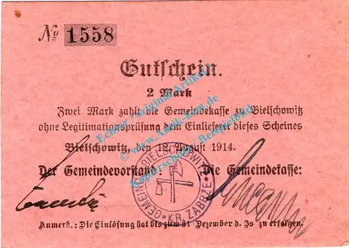 Bielschowitz , Notgeld 2 Mark Schein in kfr. Diessner 25.7.c , Oberschlesien 1914 Notgeld 1914-15