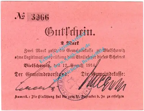 Bielschowitz , Notgeld 2 Mark Schein in kfr. Diessner 25.9.b , Oberschlesien 1914 Notgeld 1914-15