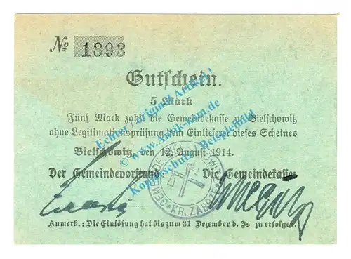 Bielschowitz , Notgeld 5 Mark Schein in kfr. Diessner 25.7.d , Oberschlesien 1914 Notgeld 1914-15