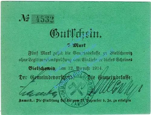 Bielschowitz , Notgeld 5 Mark Schein in kfr. Diessner 25.9.c , Oberschlesien 1914 Notgeld 1914-15