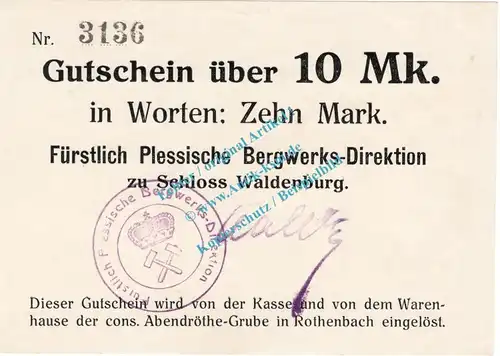 Rothenbach , Notgeld 10 Mark Schein in kfr. Diessner 331.1.a , Niederschlesien o.D. Notgeld 1914-15
