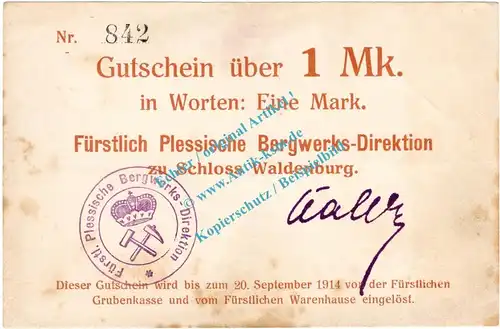 Waldenburg , Notgeld 1 Mark Schein in gbr. Diessner 415.II.1 , Niederschlesien o.D. Notgeld 1914-15