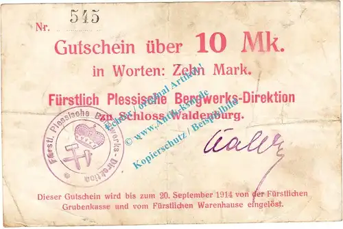 Waldenburg , Notgeld 10 Mark Schein in gbr. Diessner 415.II.4 , Niederschlesien o.D. Notgeld 1914-15