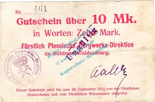 Waldenburg , Notgeld 10 Mark Schein in gbr.E Diessner 415.II.4 , Niederschlesien o.D. Notgeld 1914-15