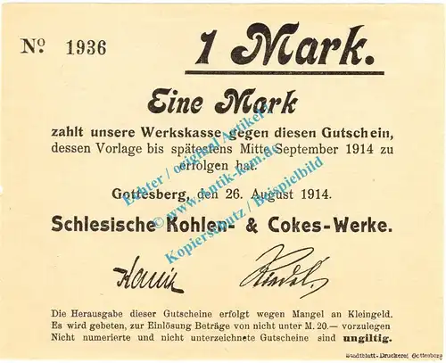 Gottesberg , Notgeld 1 Mark Schein in f-kfr. Diessner 129.2 , Niederschlesien 1914 Notgeld 1914-15
