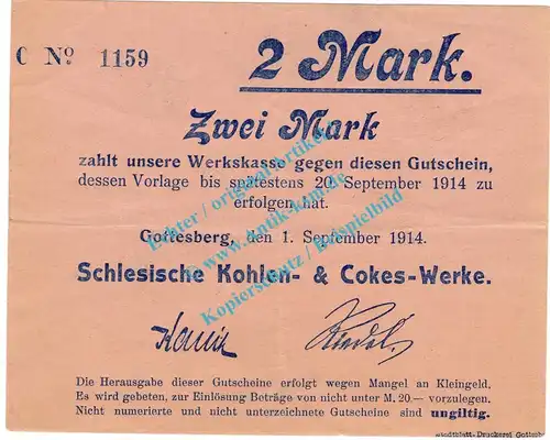 Gottesberg , Notgeld 2 Mark Schein in gbr. Diessner 129.3.b , Niederschlesien 1914 Notgeld 1914-15